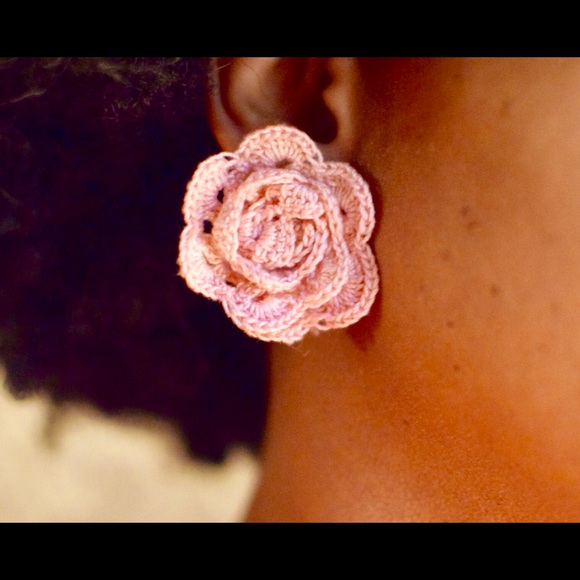 Handmade Crochet Rose Stud Earrings - Picture 2 of 4